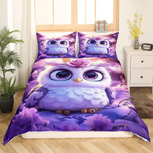 Toddler Duvet Cover Set Purple Owl Floral Kids Bedding Breathable Microfiber with Pillowcase