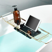 Adjustable Stainless Steel Bathtub Caddy Tray with NonSlip Marble Surface and Telescopic Design