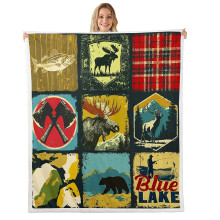 Rustic Farmhouse Fleece Throw Blanket, Vintage Moose Cabin Decor, Buffalo Plaid Warm Plush, Yellow Red