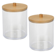 Cotton Swab Holder with Dustproof Bamboo Lid, Clear Bathroom Storage Container for Vanity Use