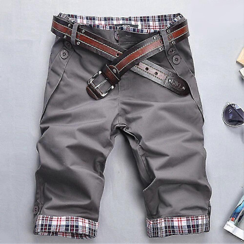 (M, Grey) Men Plaid Patchwork Pockets Buttons Fifth Pants Loose Beach Shorts Tw 2