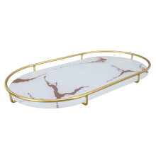 Bathroom Storage Tray with White Base, Golden Texture Oval Organizer for Soap Towels Jewelry Makeup