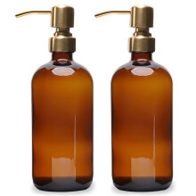 16oz Amber Glass Soap Dispenser Set with Gold Rustproof Pump, Refillable Bottles for Kitchen and Bathroom