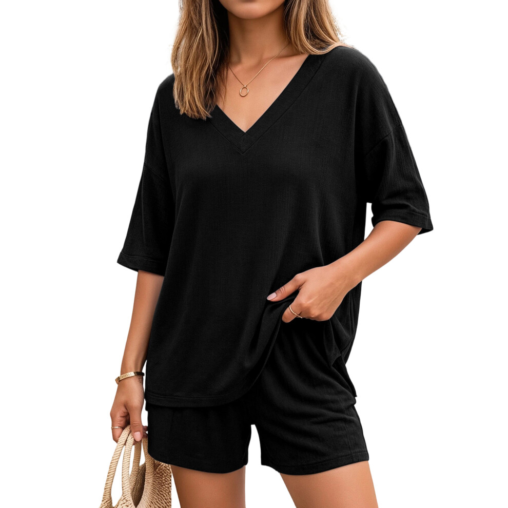 Black Two-Piece Women's Loose-Fitting Sports V-Neck T-Shirt- M