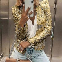 (L, Gold) Women's Cardigan Long Sleeve Shiny Sequin Coat Open Front Casual Female Jacket