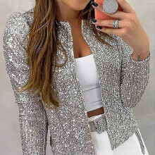 (3XL, Silver) Women's Cardigan Long Sleeve Shiny Sequin Coat Open Front Casual Female Jacket