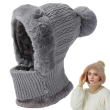 (Grey) Rib Knit Beanie Hat for Women, 2026 New Windproof Balaclava Neck Warmer Hat  Fleece-Lined Ski Scarf and Mask Set