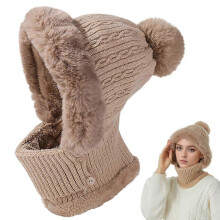 (Kaki) Rib Knit Beanie Hat for Women, 2026 New Windproof Balaclava Neck Warmer Hat  Fleece-Lined Ski Scarf and Mask Set