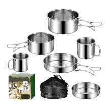 Camping Cookware Set 6Pcs Stainless Steel Lightweight with Foldable Pots Pans Tray Cup for 23 People