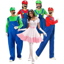 (2XL, red) Mario Cosplay Costume Halloween Party Game Uniform Couple Outfit Adult Kids