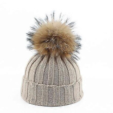 (beige) Toddler Girls Boys Warm Winter Fur Pom Hat Knit Beanie Crochet Ski Ball Cap
