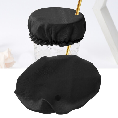 Elastic Band Drink Cover with Straw Hole Reusable Fabric Protector Satin Black 1
