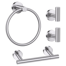 Brushed Nickel Bathroom Hardware Set 4Piece Rustproof Stainless Steel Towel Ring Bar and Hooks Easy Wall Mount