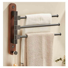 Solid Walnut Wood Swivel Towel Rack 3Bar Folding Wall Mounted Towel Holder for Bathroom
