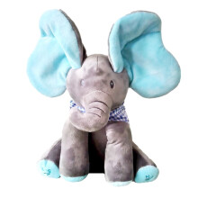 (Blue) Plush Peekaboo Baby Elephant Singing Doll With Moving Ears Companion Kids Toy