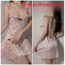 (L)Simple Satin Nightgown And Sleep Shorts Set For Women With Hollow Mesh Fabric For Comfortable Nightwear
