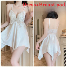 (White,L)Satin Lingerie Nightdress With Deep V Neck And Chest Padding For Lounge And Sleep