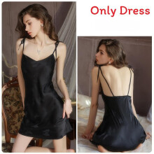(Black,M)Women Satin Nightgown With Short Skirt And Stretch Fabric For Sleep Lounge And Stay Hotel