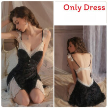 (BlackSleepdress,M)Lounge Velvet Short Sleep Dress With Elasticity And Backless Design For Home And Hotel
