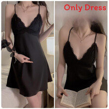 (BlackSleepwear,XL)Satin Women Sleep Gown With Vneck And Elastic Fit For Comfortable Sleep Night
