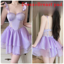 (Lavender,M)Flowy Satin Nightdress With Stretchy Material And Short Skirt For Women Wear