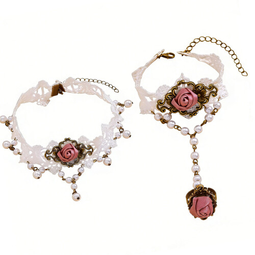 Elegant Retro Style Lace Necklace And Bangle Jewelry-A
