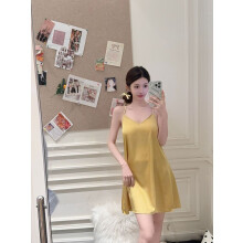 (Ginger,M)Elegant Ice Silk Sleep Dress For Women Summer Lounge Nightwear With Vneck