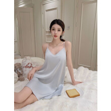 (Blue,M)Elegant Ice Silk Sleep Dress For Women Summer Lounge Nightwear With Vneck