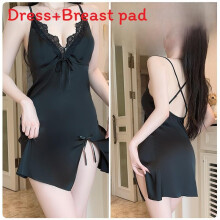 (Black,XL)Comfortable Satin Nightwear For Women With Backless Style And Short Skirt For Lounge