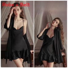 (BlackRobeBelt,OneSize)Lightweight Satin Nightgown With Stretch Fabric And Casual Design For Rest Sleep And