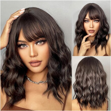 Medium Brown Wavy Bob Wig with Bangs for Women, Natural Looking Shoulder Length Synthetic Hair