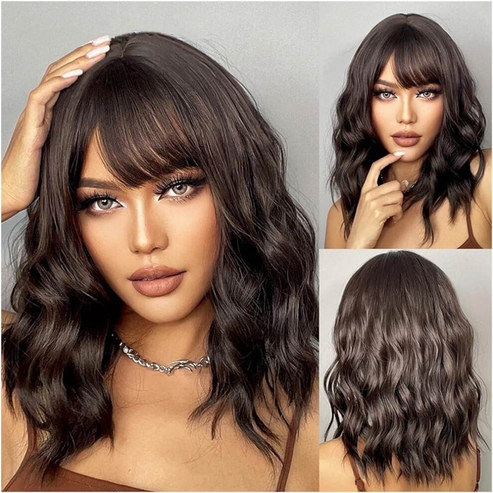 Unisex Brown Medium Wavy Bob Wig With Bangs For Women, Natural Looking Shoulder Length Synthetic Hair