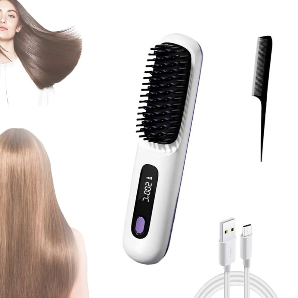 Cordless Hair Straightener Brush, 2 in 1 Styling Heated Comb with Fast TypeC Charging, White