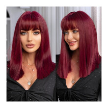 Red Burgundy Short Bob Wig with Bangs for Women, Heat Resistant Synthetic Wine Color Cosplay Wig LC52251