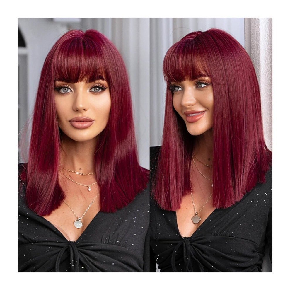 Red Burgundy Short Bob Wig with Bangs for Women, Heat Resistant Synthetic Wine Color Cosplay Wig LC52251