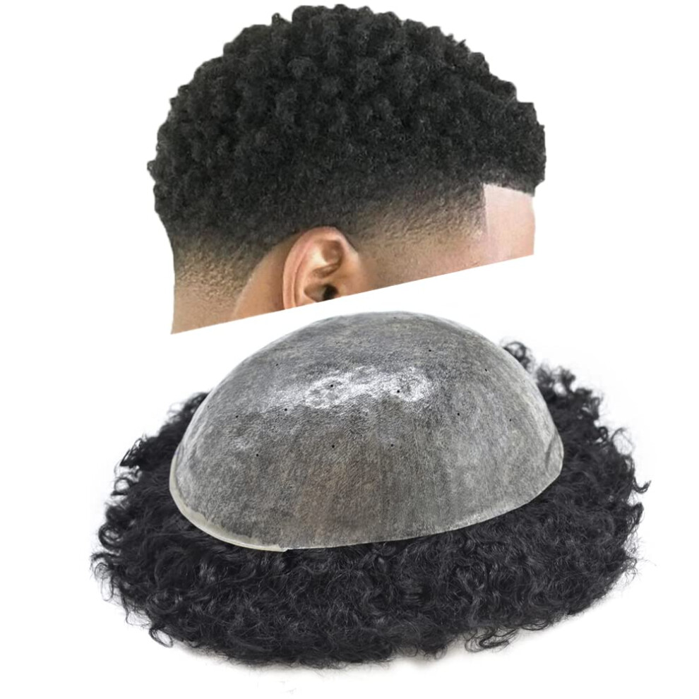Unisex Black Afro Toupee For Men Human Hairpiece 10Mm Afro Wave Full Poly Skin Base Jet Natural Hairline