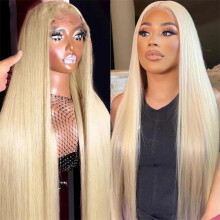 32 Inch 613 Blonde Straight Human Hair Wig HD Transparent Lace Front Remy Wig Pre Plucked Hairline for Women