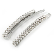 2 Rhodium Plated Pearl Crystal Hair Clips 6cm – Elegant Bridal Hair Pins with Lustrous Glass Pearls