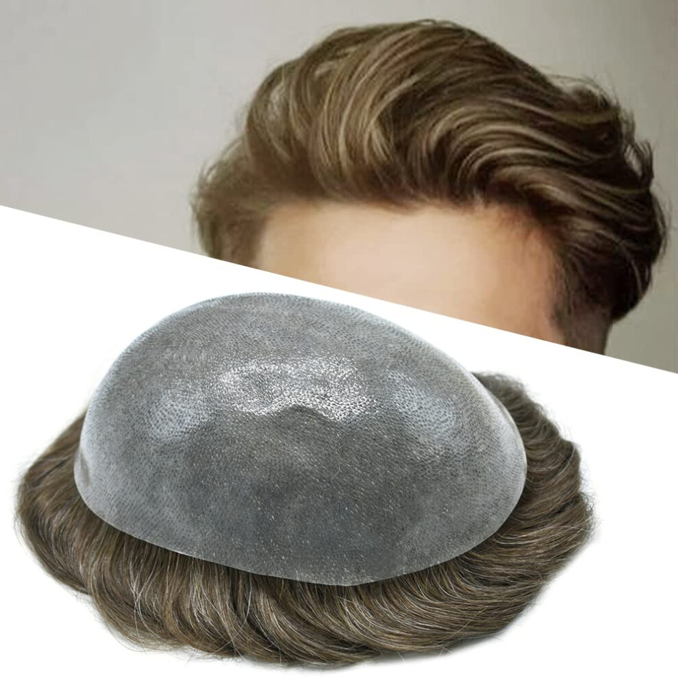 Unisex Brown Men's Toupee Full Poly Skin Hair Replacement System 8X10 Real Human Hairpiece Light Gray Natural Hairline