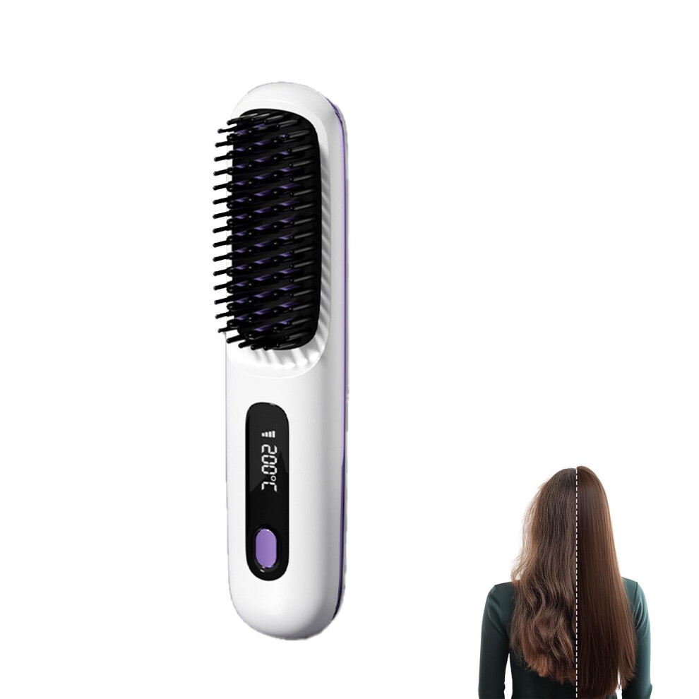 White Cordless Hair Straightener Brush With Fast Ceramic Heating, 3 Temp Levels, Ionic Antiscald Comb For Travel (White)