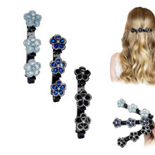 Sparkling Crystal Rhinestone Hair Clips for Women, Double Layer Braided Flower Barrettes, Mixed Colors 3 Pack