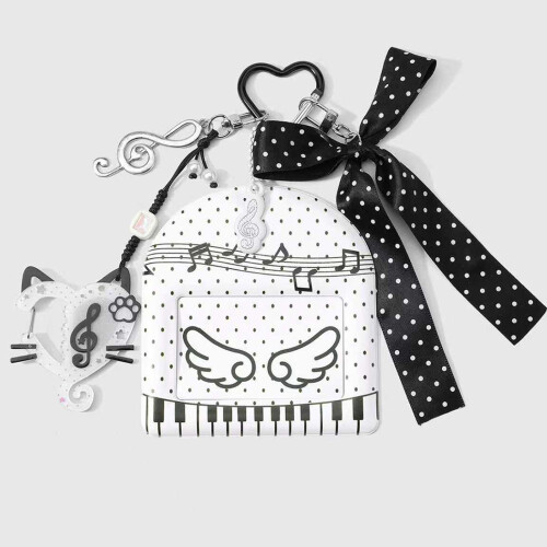 Elegant Black And White Piano Key Pattern Bowknot Keychain-B 2