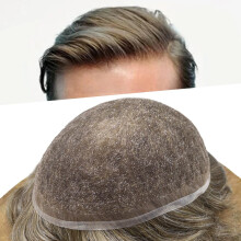 Men's Toupee Full French Lace Human Hair Hairpiece with Breathable Base and Natural Hairline 8x10 Medium Light Brown 40% Gray