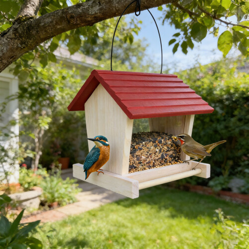 Mangeoire à oiseaux en bois naturel avec conception-Rouge 2