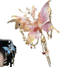 Pink Butterfly Hair Clips for Women, 3D Moving Wing Fairy Design with Beaded Tassels and Secure Clasp
