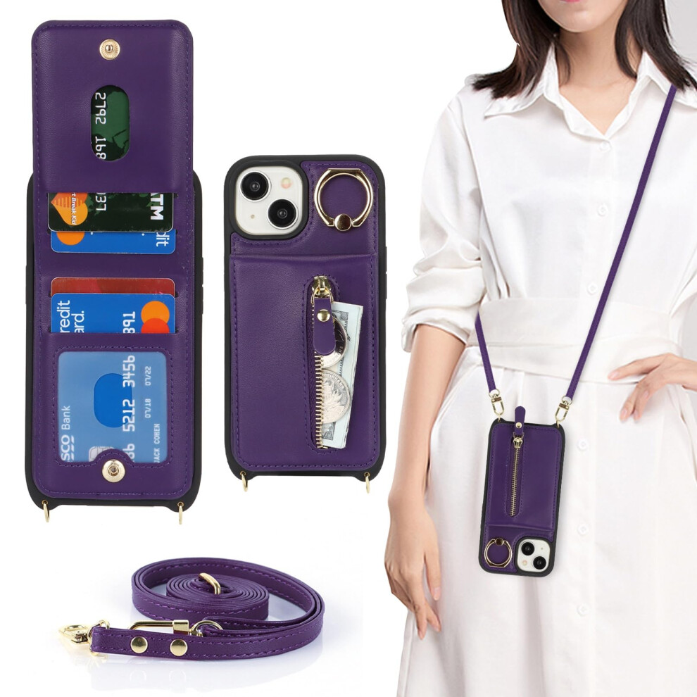 Wallet And Crossbody Case For Iphone 15 Dark Pu Leather With Card Holder Ring Stand Magnetic Closure Purple 9771547873754
