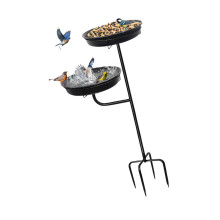 Outdoor Metal Bird Bath With Drinking And Serving Tray-Black