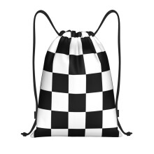 Black White Checkered Water Resistant Drawstring Bag, Lightweight Gym Sackpack for Men and Women