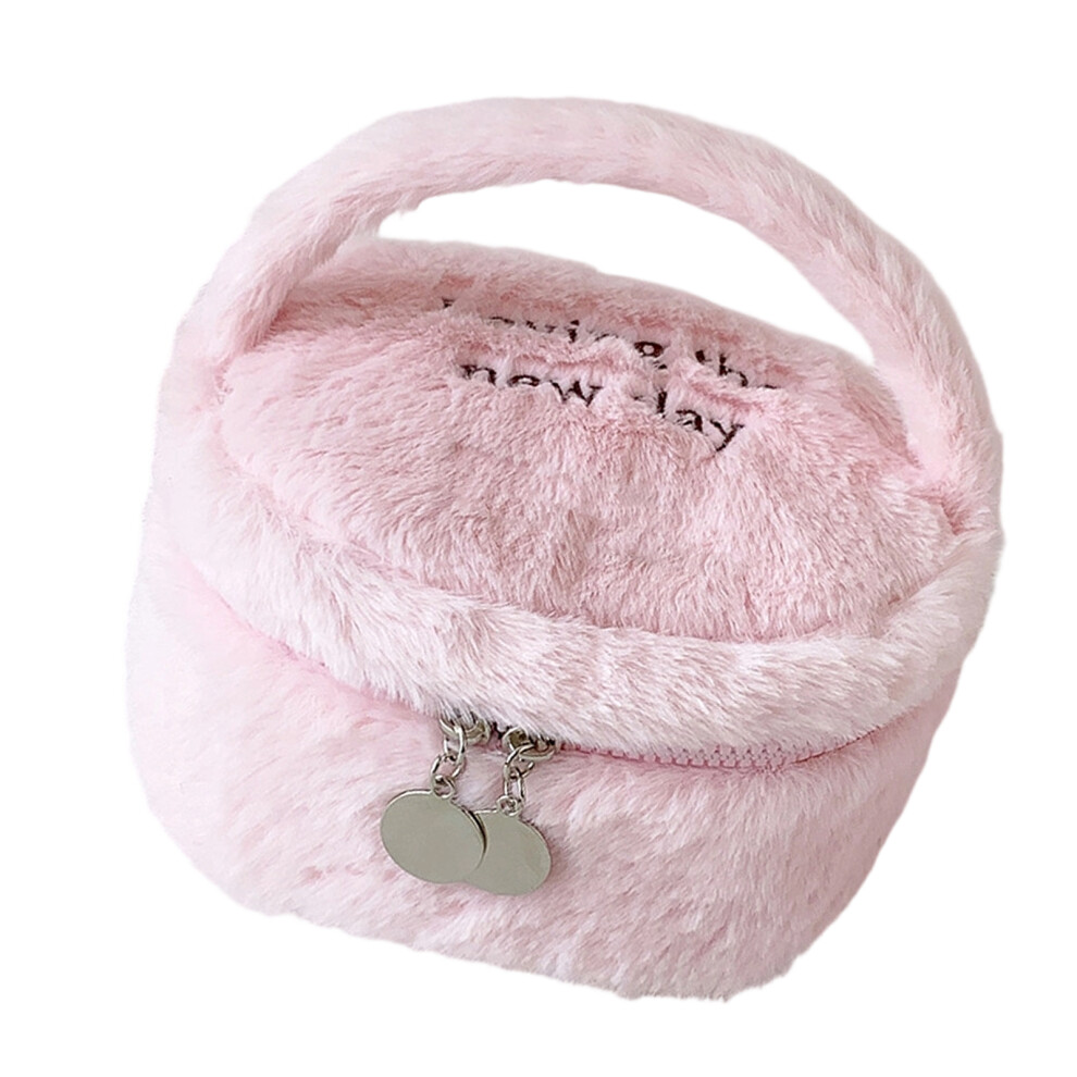 Pink Plush Travel Cosmetic Bag Soft Hand Carry Makeup Pouch For