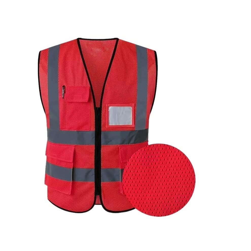 Reflective Safety Vest Red Xl, Breathable Mesh Visibility Work Vest With Multipockets For Night Jobs 9330225350163